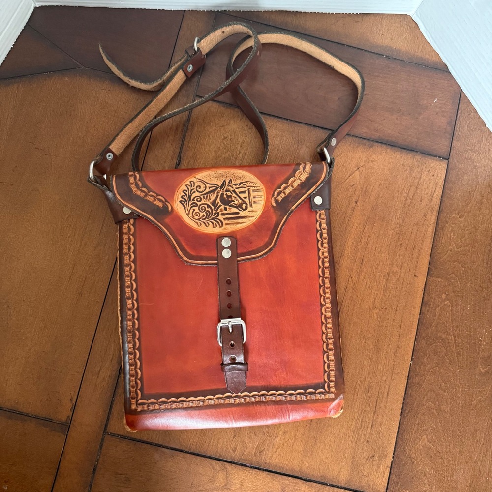 Vintage Western Hand Tooled Leather Embossed Horse Messenger Crossbody Bag